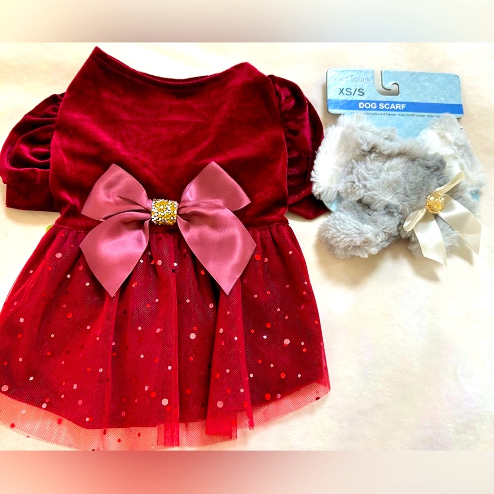 Santa’s Favorite- Red Velvet Dress with Scarf Set- Size Small 🐾